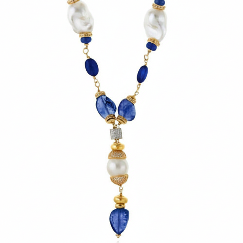 Collar lujo perlas cristales zircones azul 