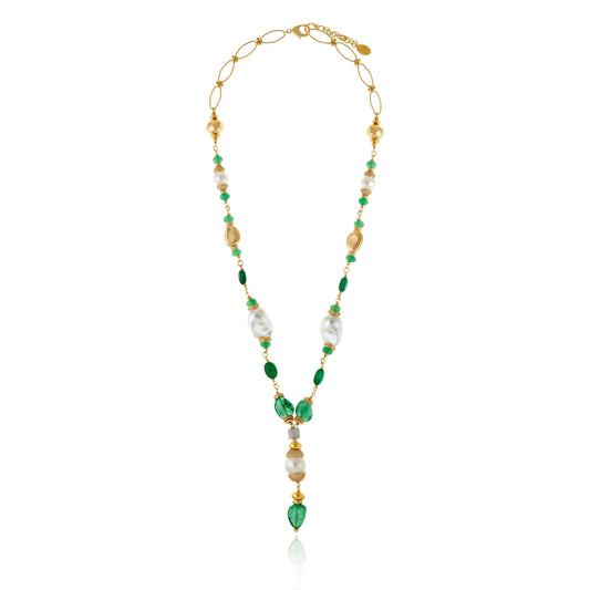 collar largo mujer verde con perla elegante dorado joya italiana chile
