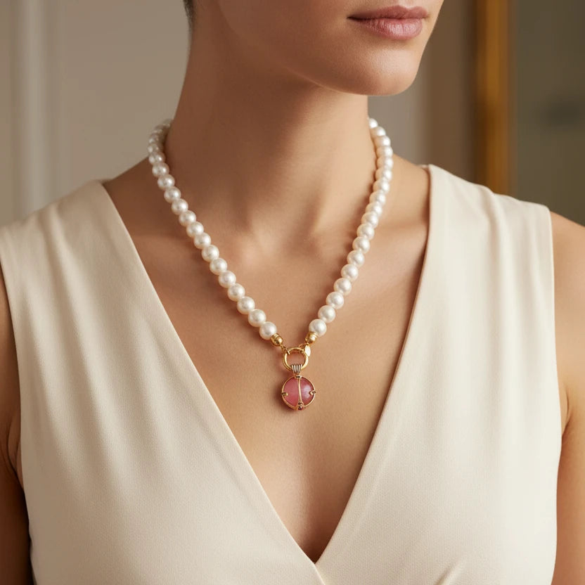 collar perlas dije en quarzo rosa
