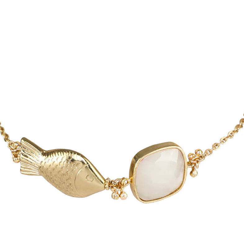 Collar Square Stone Fish artesanal con piedras de cuarzo, joyería semi lujo hecha a mano
