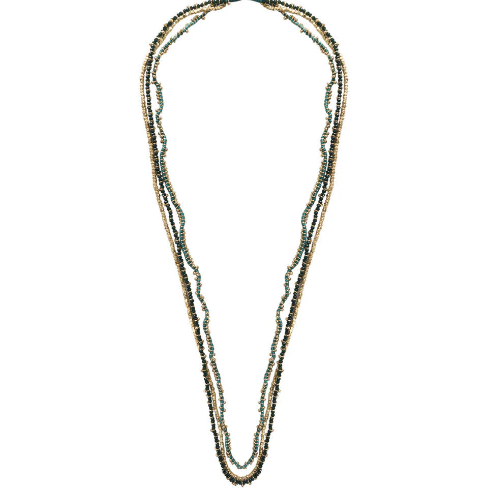 Collar Mohini neckstring artesanal con espejos en tono teal, joyería semi lujo hecha a mano
