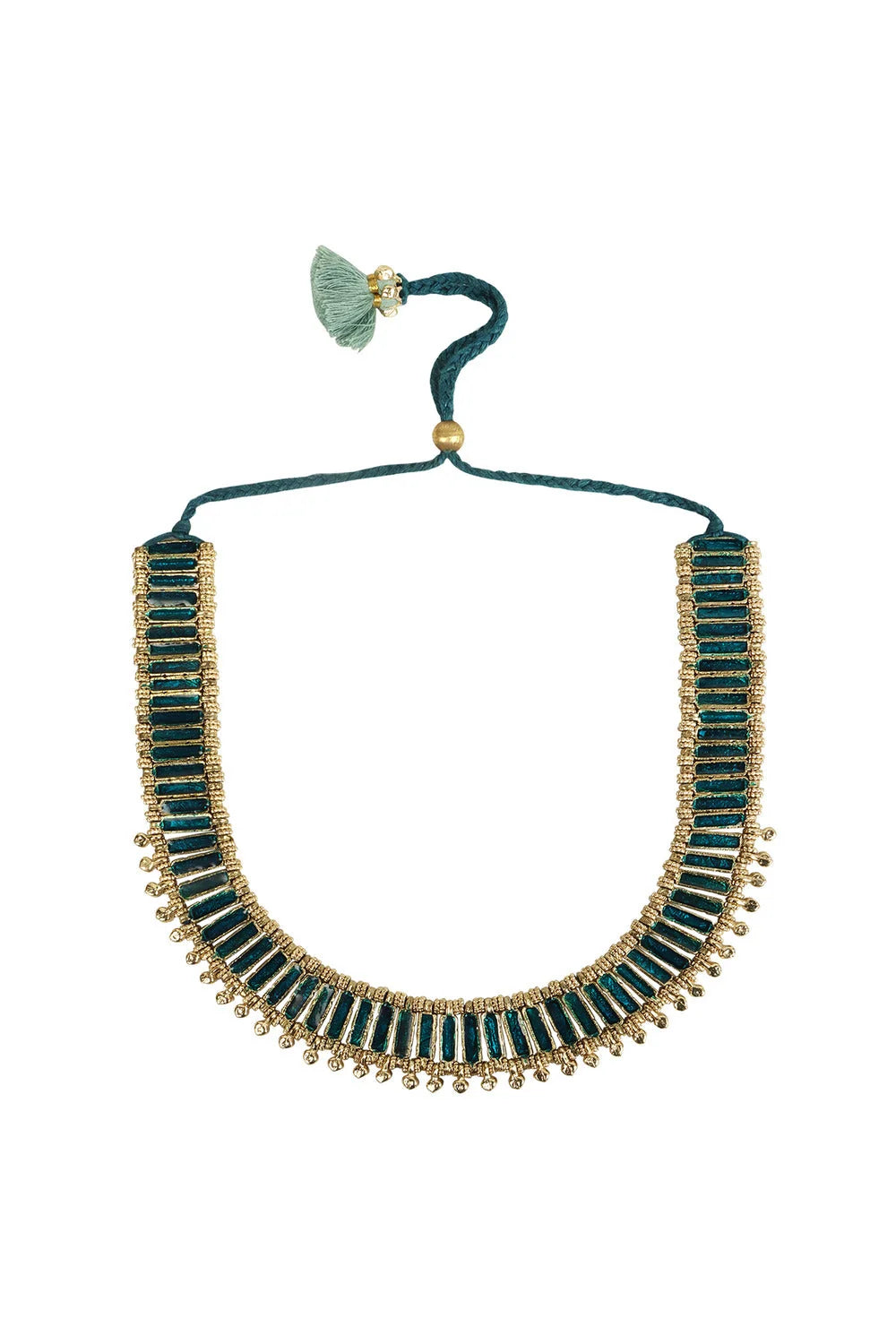 Collar Qabeela verde azulado con placas de esmalte, esferas doradas y cordón ajustable