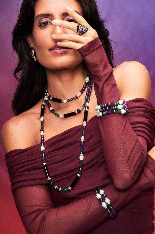 collar largo mujer elegante amatista agata verde con perlas joya sofisticada italiana