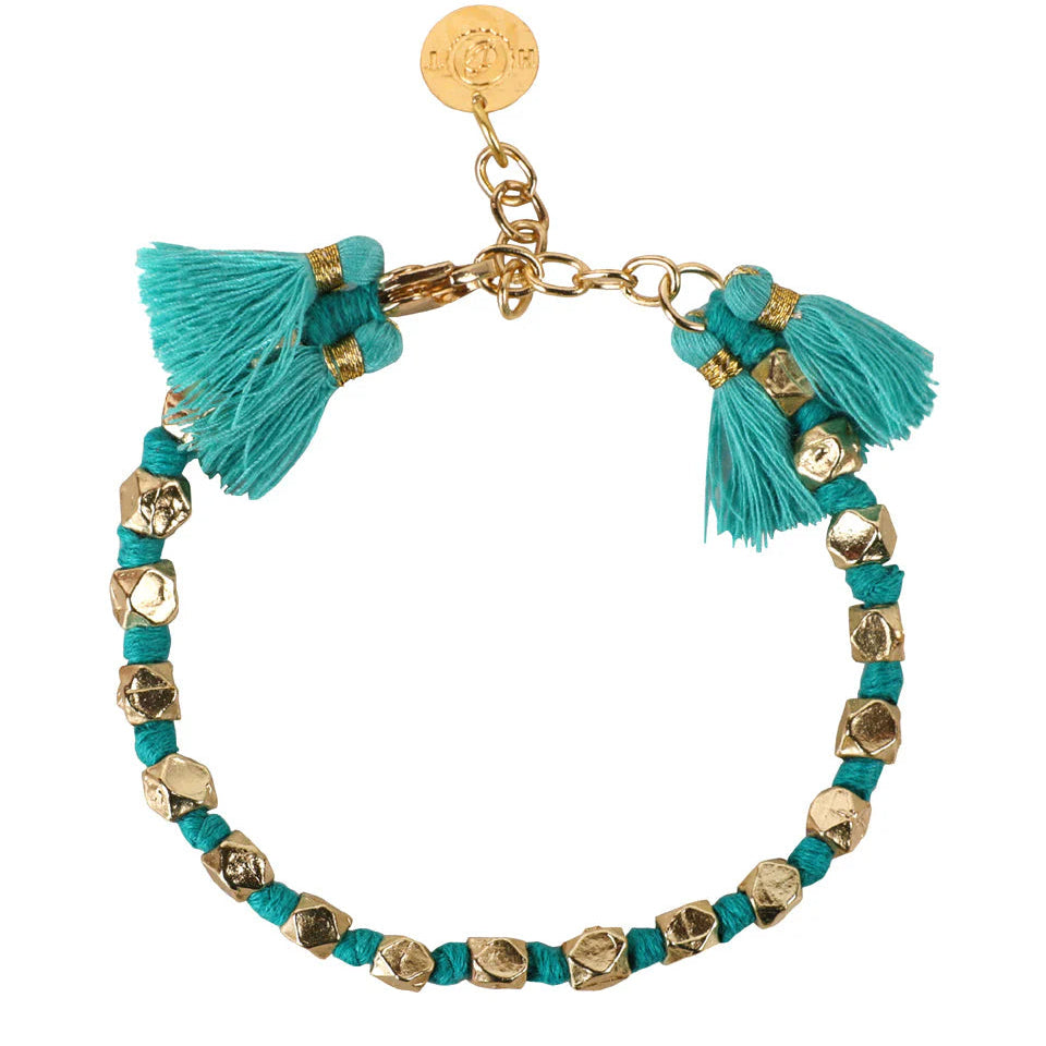 Pulsera Fuljhadi Magic de lujo artesanal con cuentas doradas y borlas textiles, hecha a mano, joyería liviana ideal para verano


