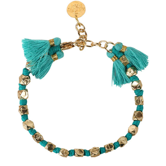 Pulsera Fuljhadi Magic de lujo artesanal con cuentas doradas y borlas textiles, hecha a mano, joyería liviana ideal para verano


