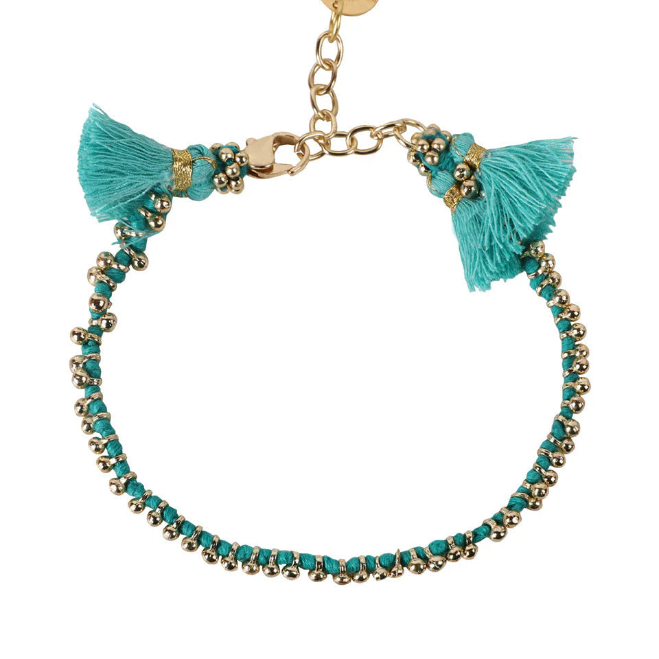 pulsera tejida turquesa y dorado