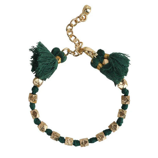 pulsera verde con dorado y pompon
