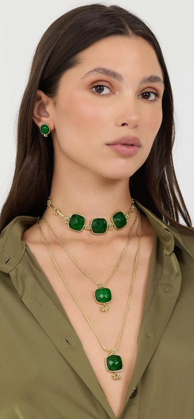 Collar largo con piedra semipreciosa verde, accesorio de semi lujo