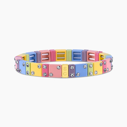 Pulsera elástica Dominó Midi Cotton Candy en tonos pastel rosa, azul, amarillo y lavanda con cristales