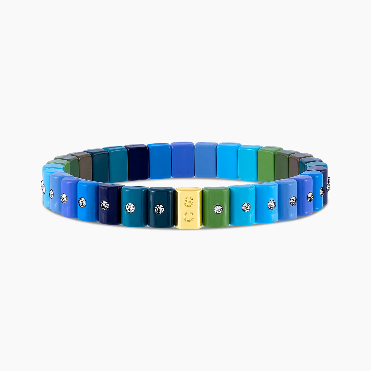 Pulsera Dominó Mini Celeste con tonos azul grisáceo, azul marino y turquesa con cristales.