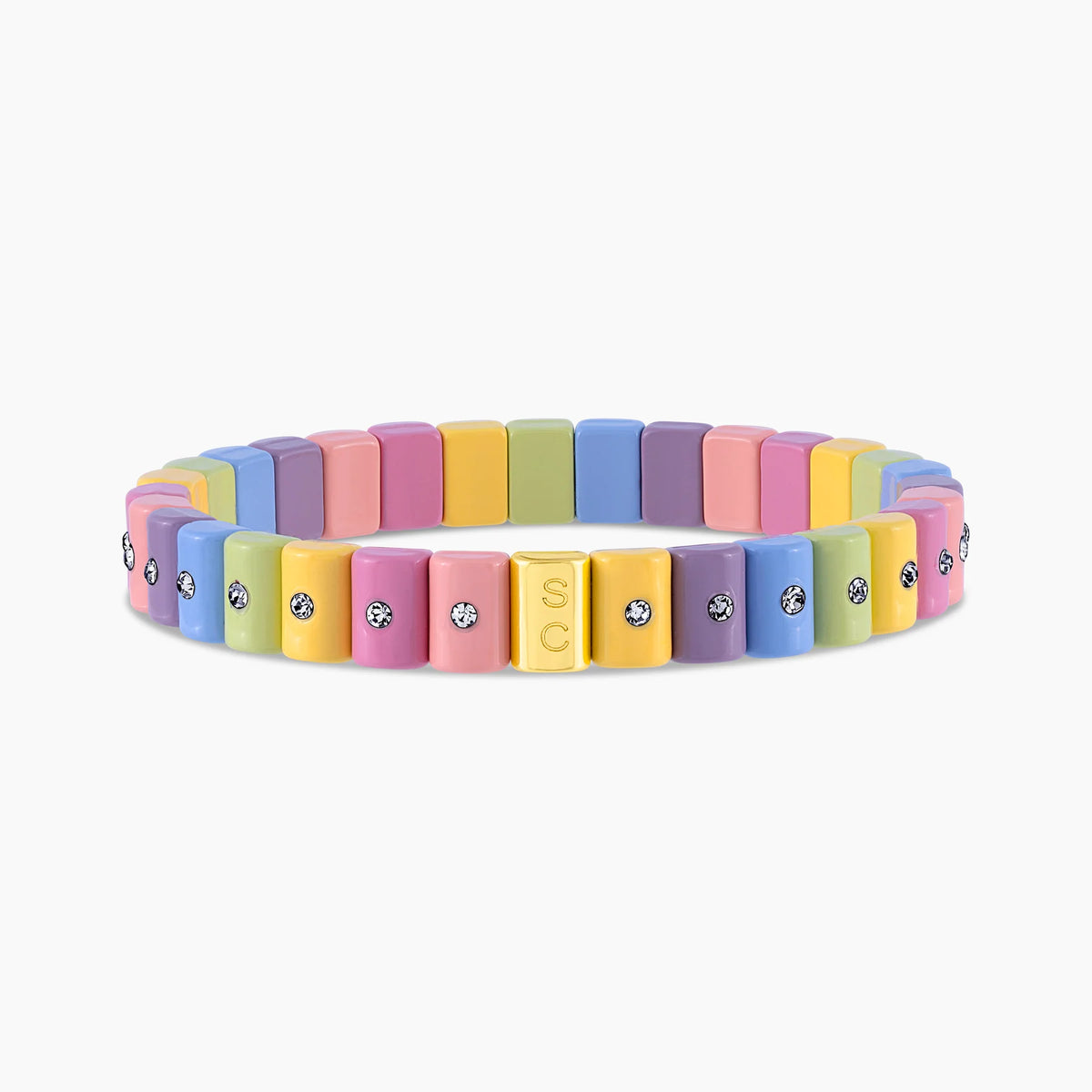 Pulsera Dominó Mini Cotton Candy en tonos pastel rosado, celeste, amarillo y lavanda, con cristales.