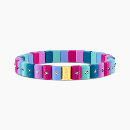 Pulsera Dominó Mini Deco en turquesa, verde agua, azul y rosa con cristales.