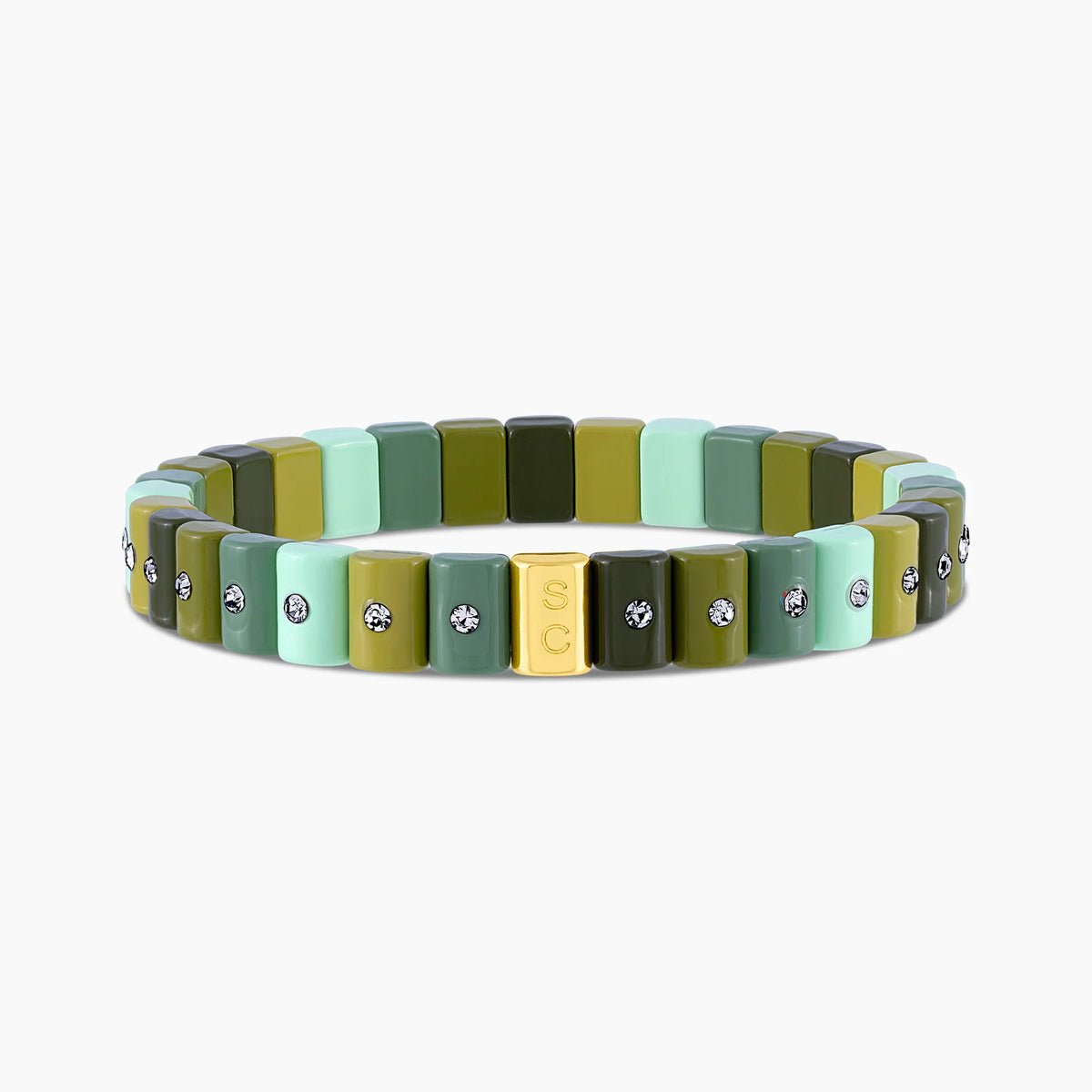 Pulsera Dominó Mini Earth de tonos verde pistacho, oliva y menta con pequeños cristales.