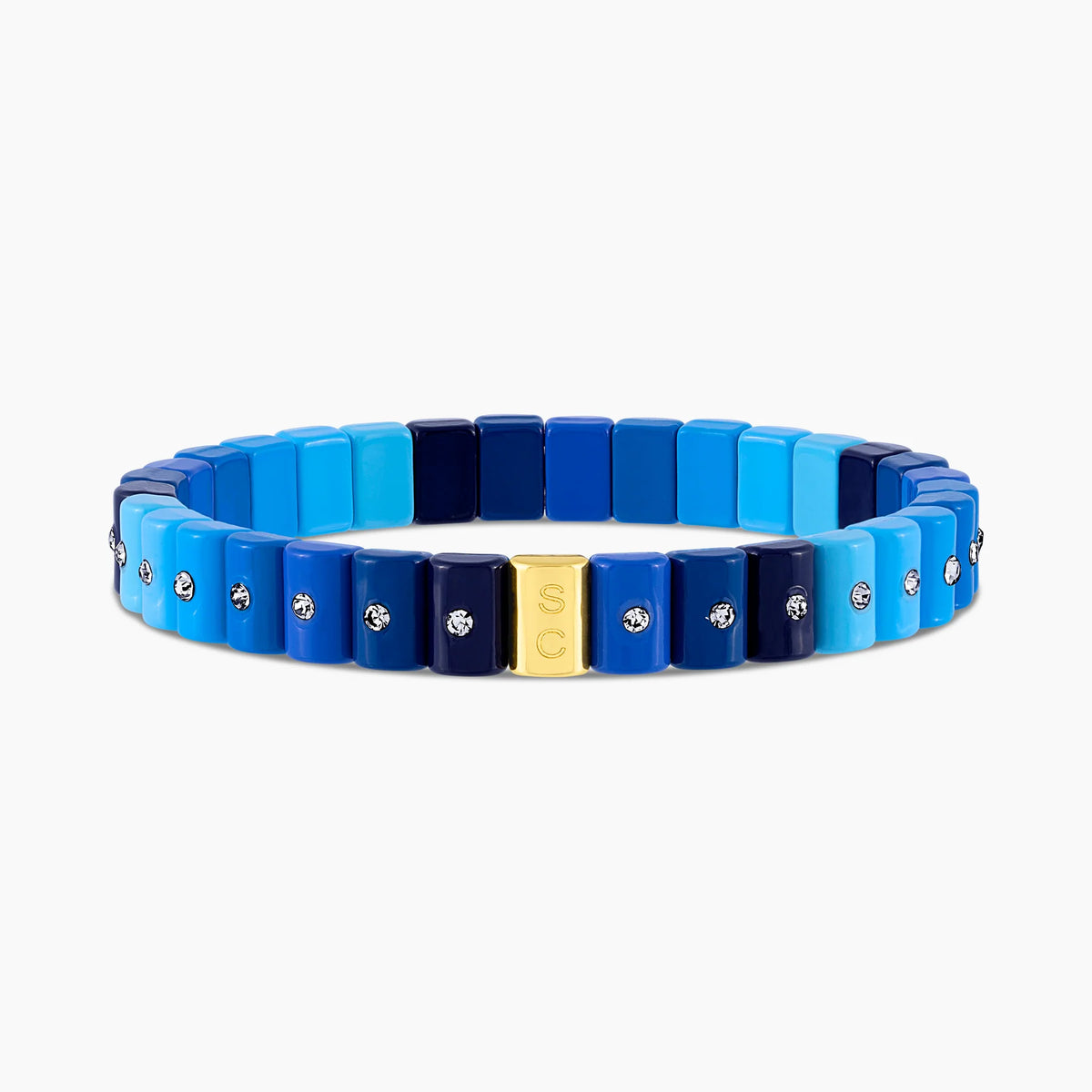 Pulsera Dominó Mini Midnight en azul marino, azul intenso, turquesa y aqua con cristales.