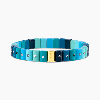 Pulsera Dominó Mini Mist en tonos turquesa, aqua, menta y azul oscuro, con cristales.
