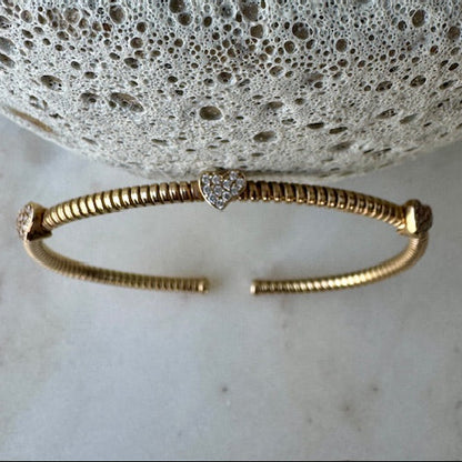 bangle o pulsera italiana plata 925 baño oro con circones cúbicos, oro vermeil diseño corazón 